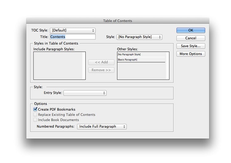 indesign table of contents TOC page numbers sections book design magazine design