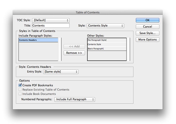 indesign table of contents TOC page numbers sections book design magazine design