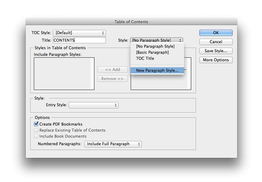 indesign table of contents TOC page numbers sections book design magazine design