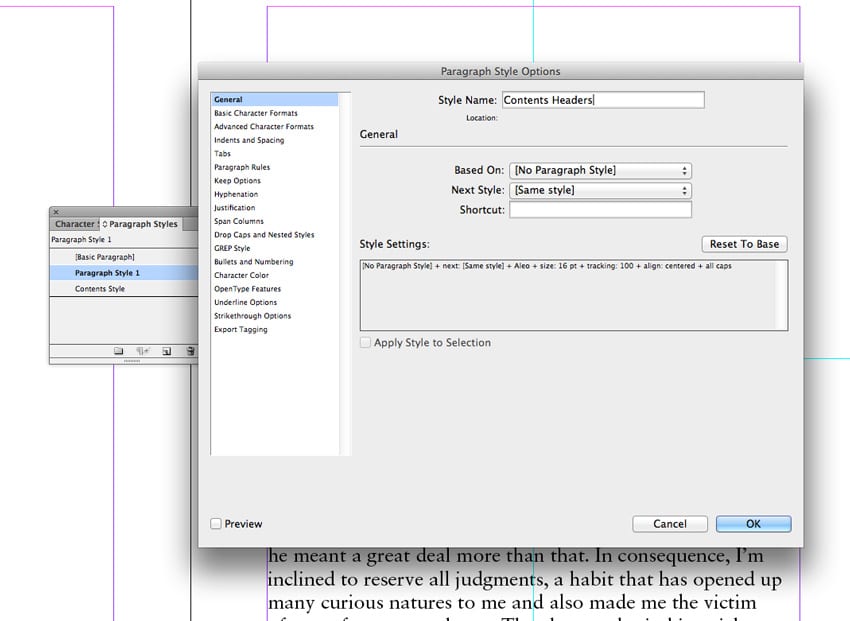 indesign table of contents TOC page numbers sections book design magazine design