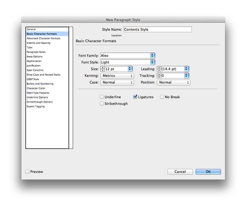 indesign table of contents TOC page numbers sections book design magazine design