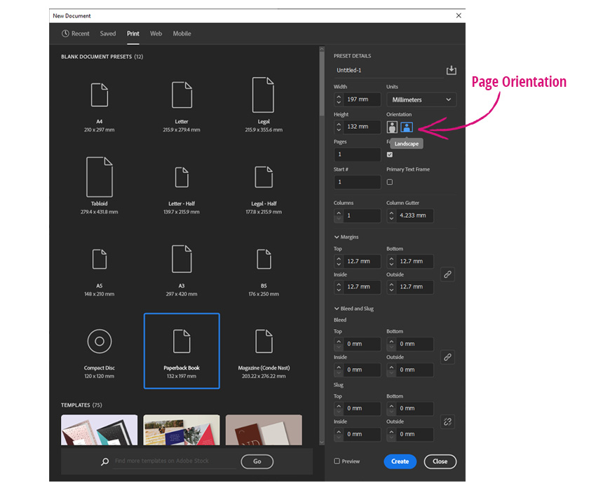 page orientation