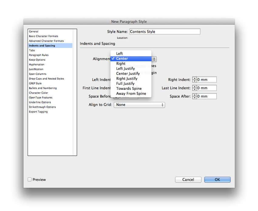 indesign table of contents TOC page numbers sections book design magazine design