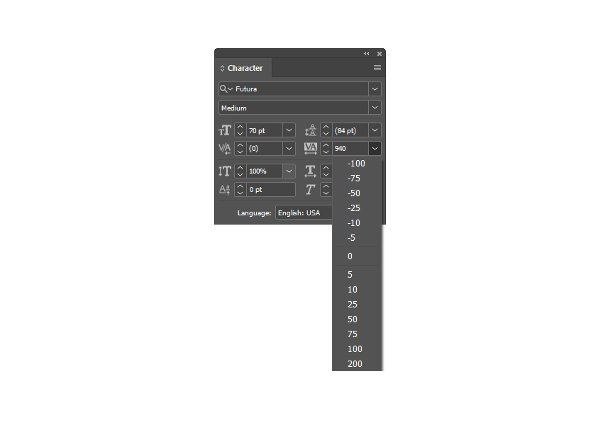 tracking in character panel