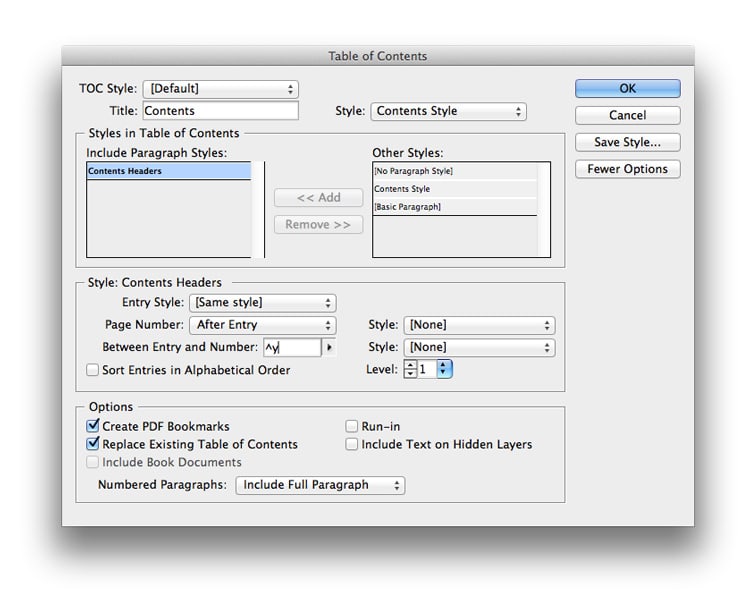 indesign table of contents TOC page numbers sections book design magazine design