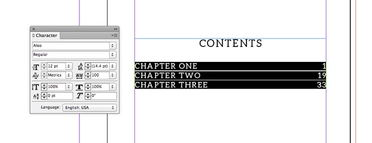 indesign table of contents TOC page numbers sections book design magazine design