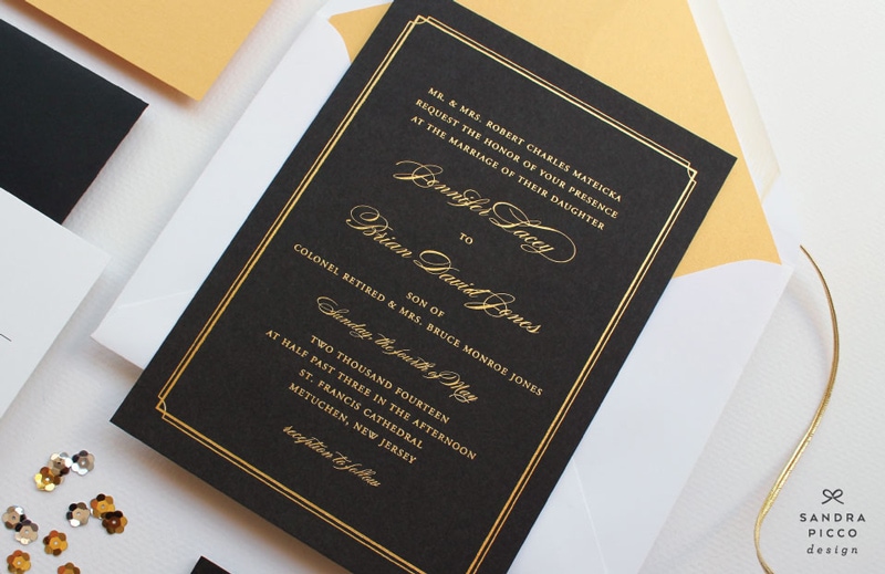 wedding invitations invite stylish unique modern beautiful design black gold elegant formal sandra picco