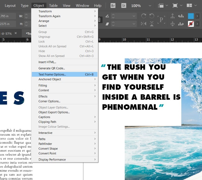 magazine pull quotes indesign text frame options