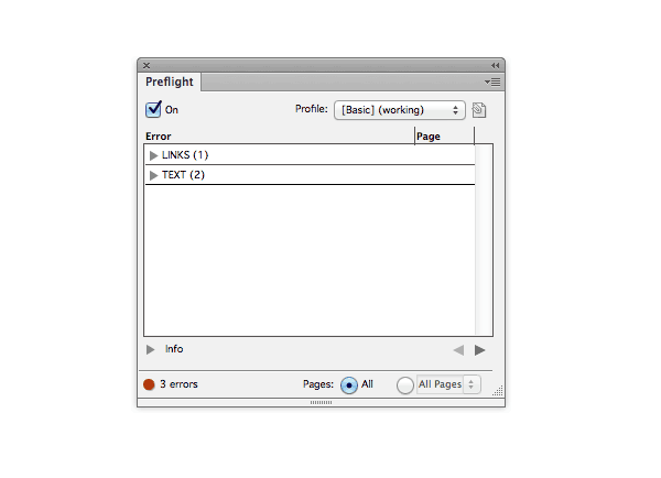 indesign preflight panel errors red