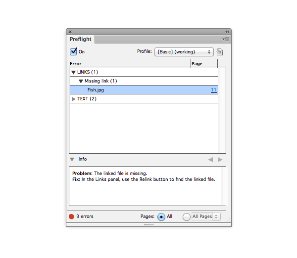 indesign preflight panel errors red text