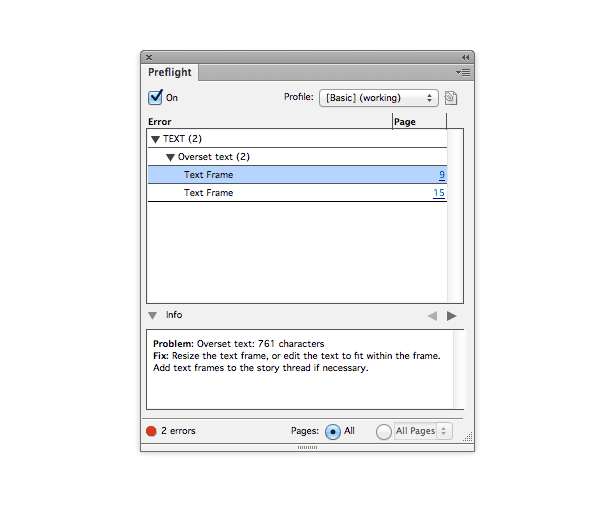 indesign preflight text error overset text
