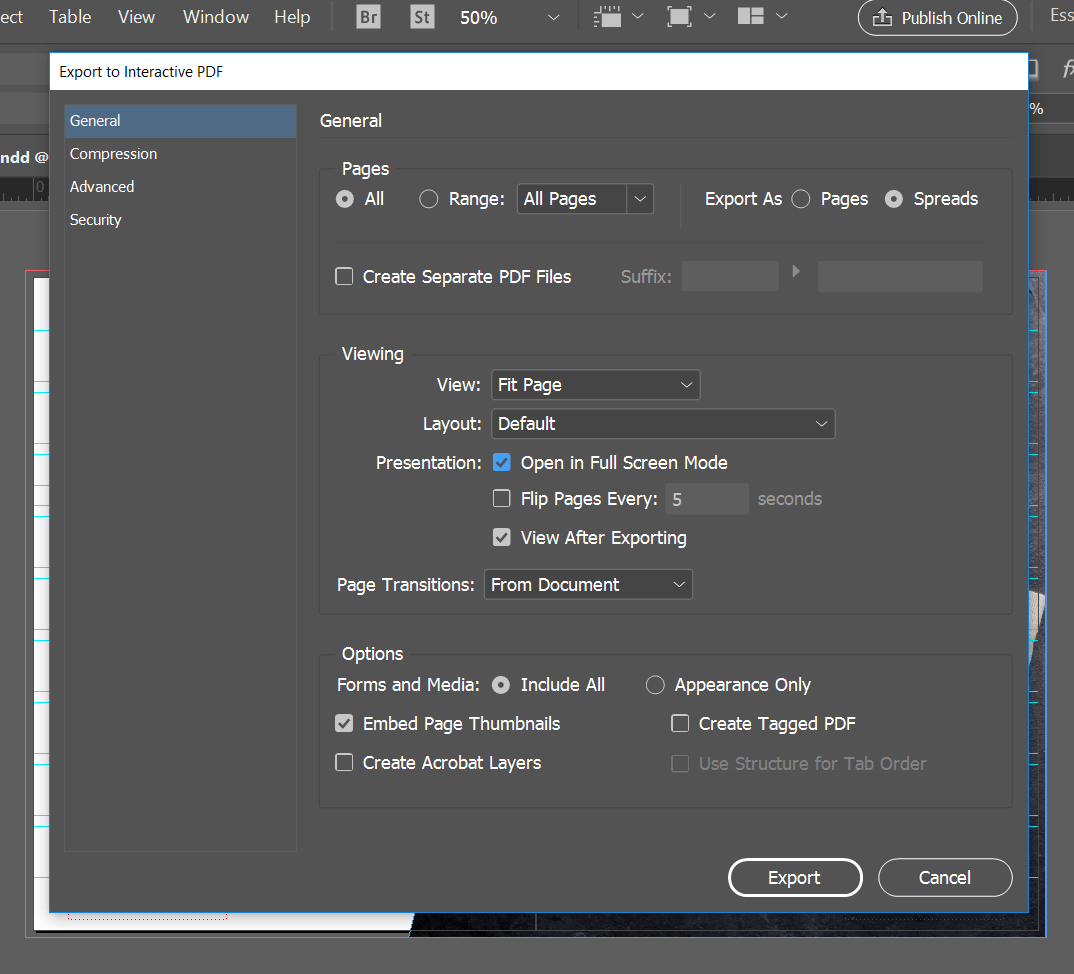 export interactive pdf indesign online viewing