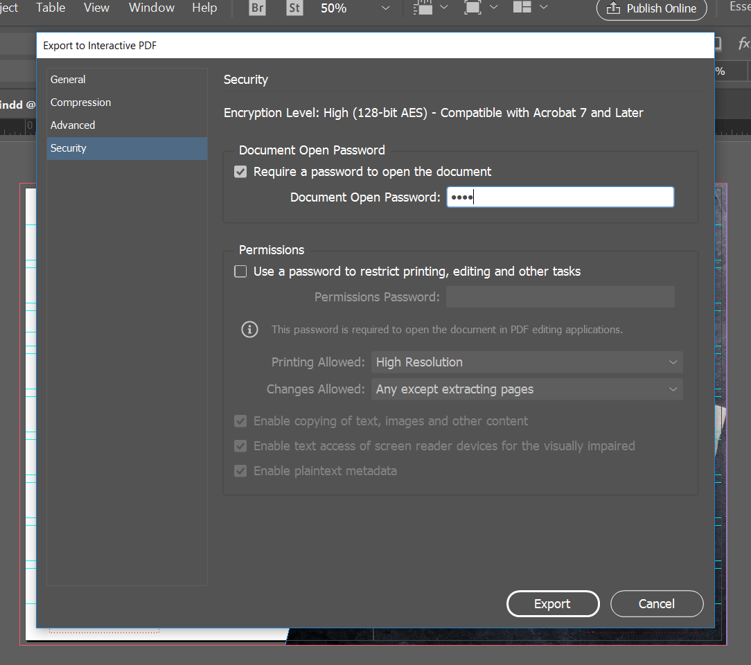 export interactive pdf indesign online viewing password lock