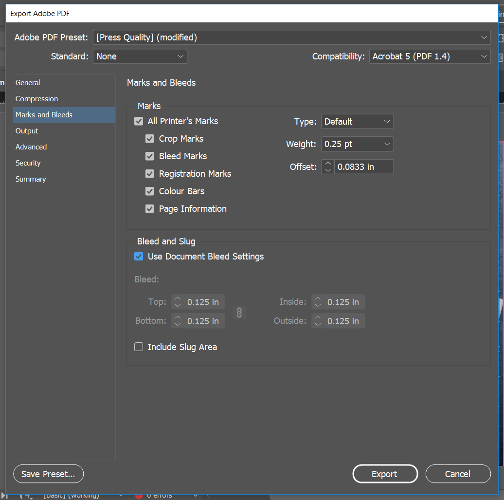 marks and bleeds export indesign document to pdf