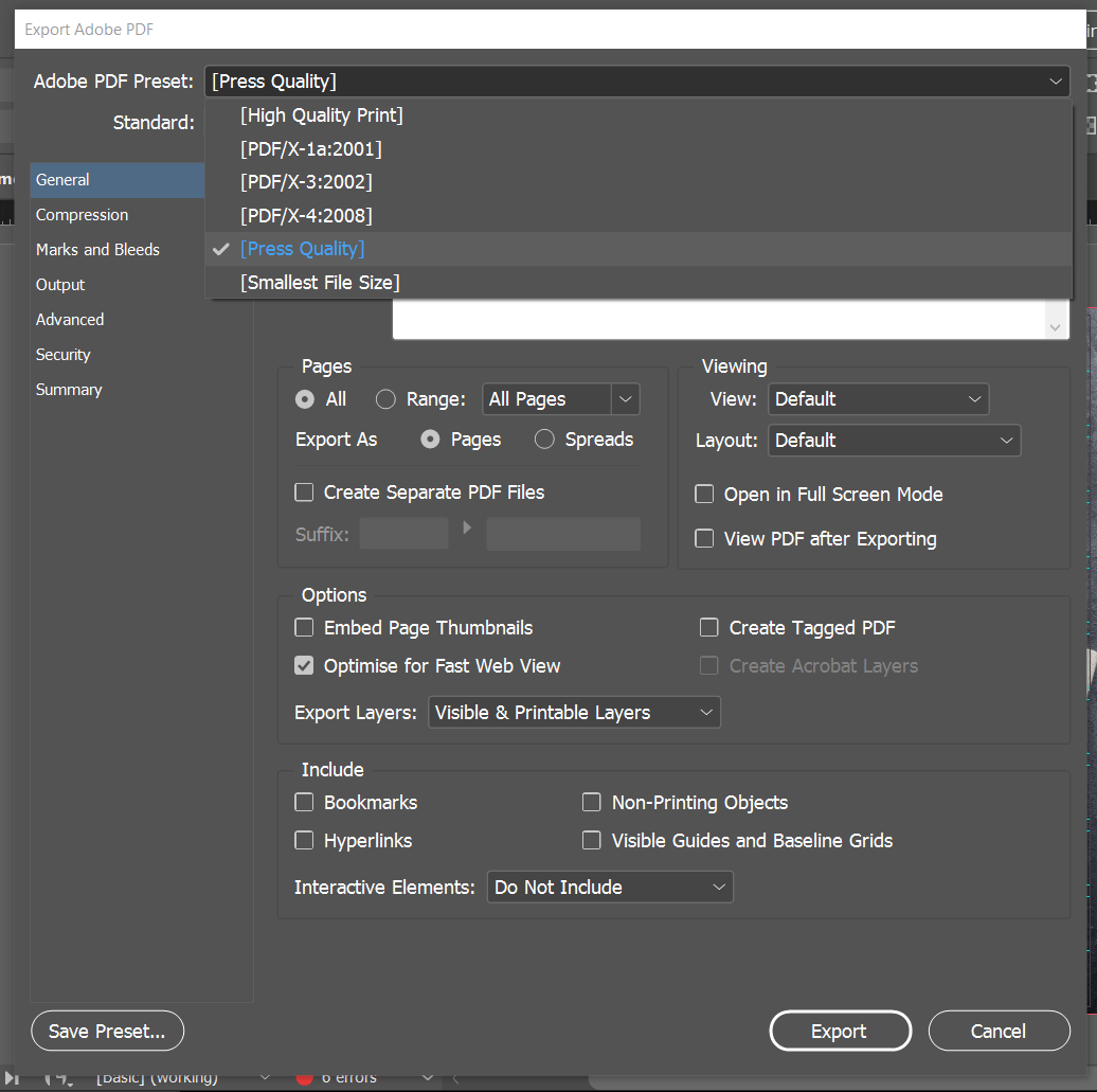 export indesign document to pdf press quality