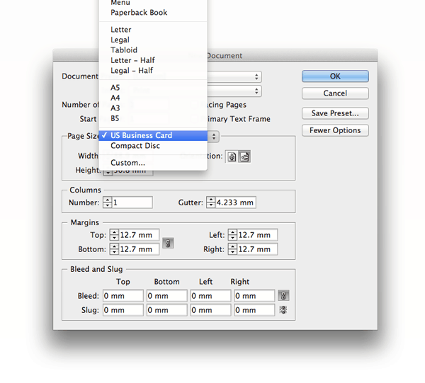 business card size usa indesign