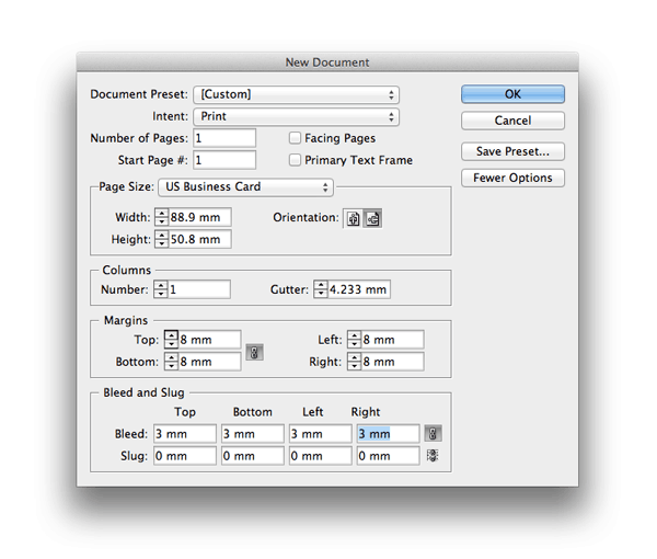 business card size usa indesign